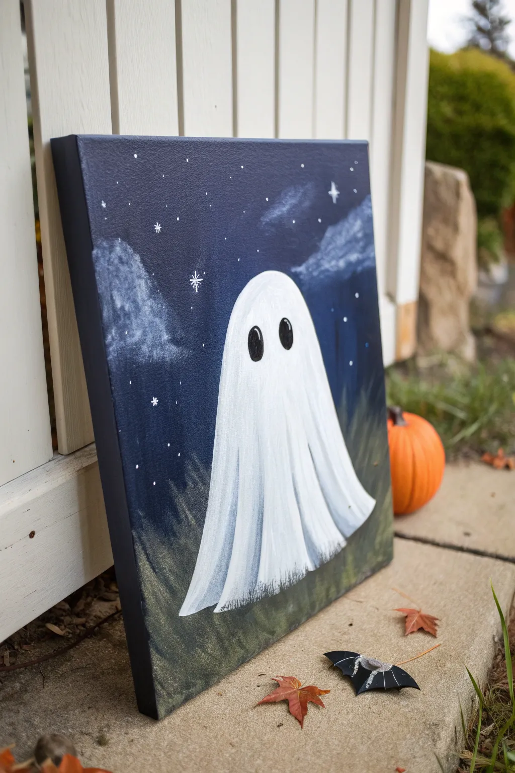 Minimalist floating ghost on a moody night-sky gradient canvas, crisp, cozy, and chic