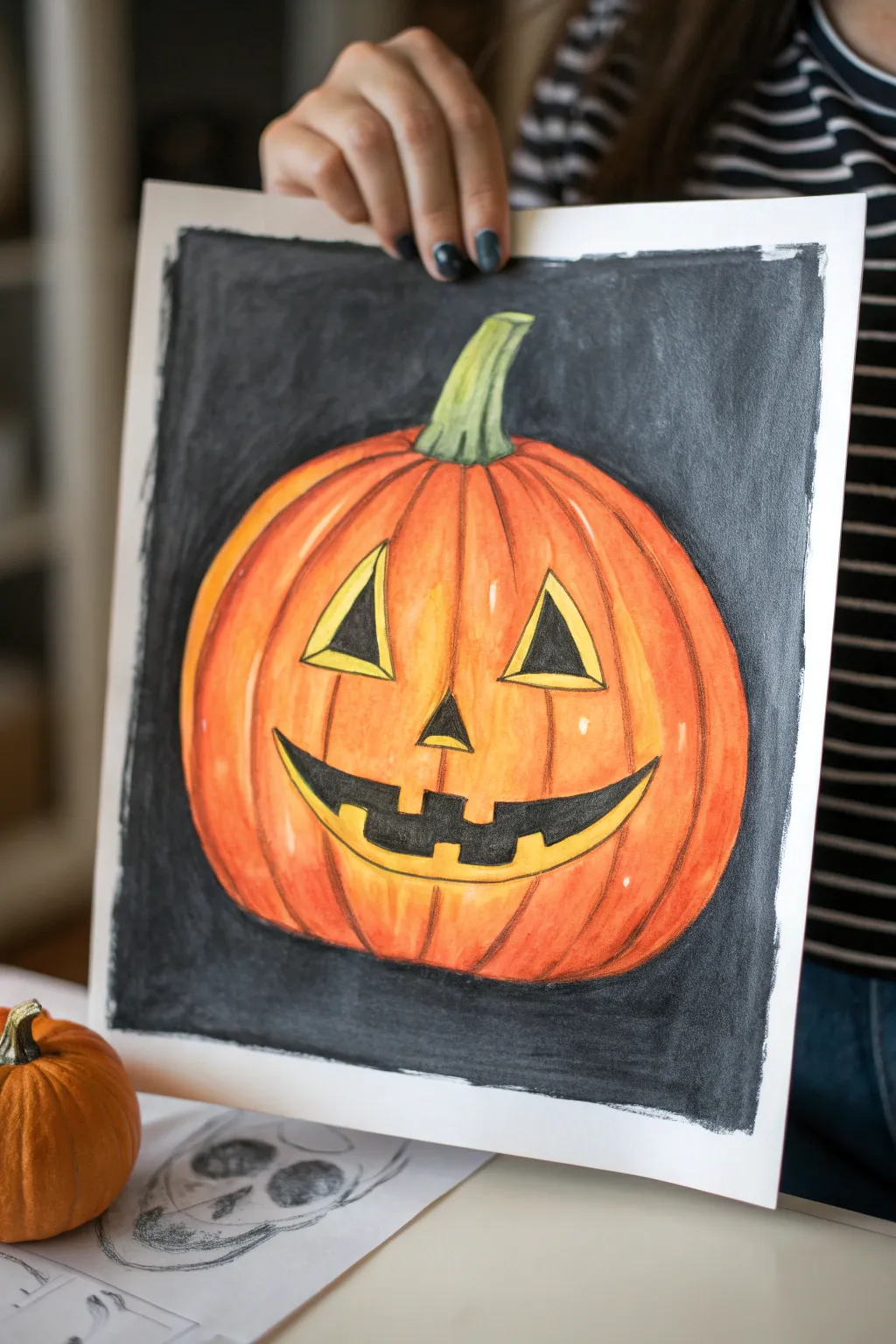 Easy Jack-o-Lantern painting idea: bold orange pumpkin with a cozy yellow glow on dark backdrop