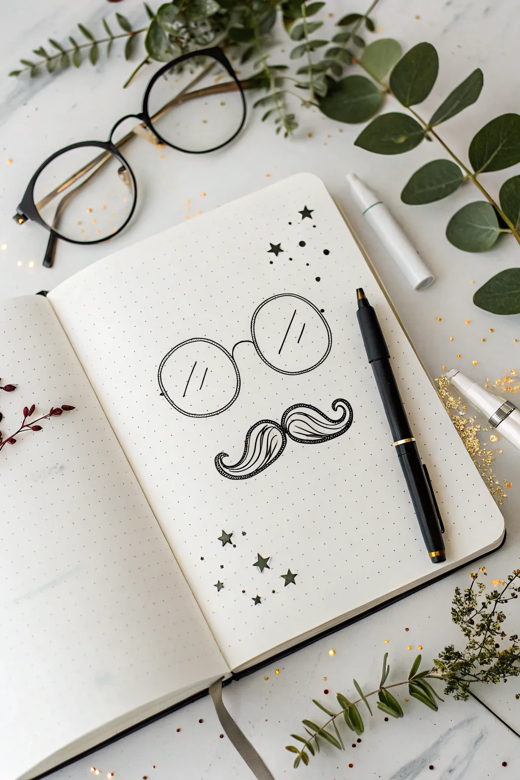 Minimal mustache and round glasses doodle in crisp black ink, centered with airy sparkle accents