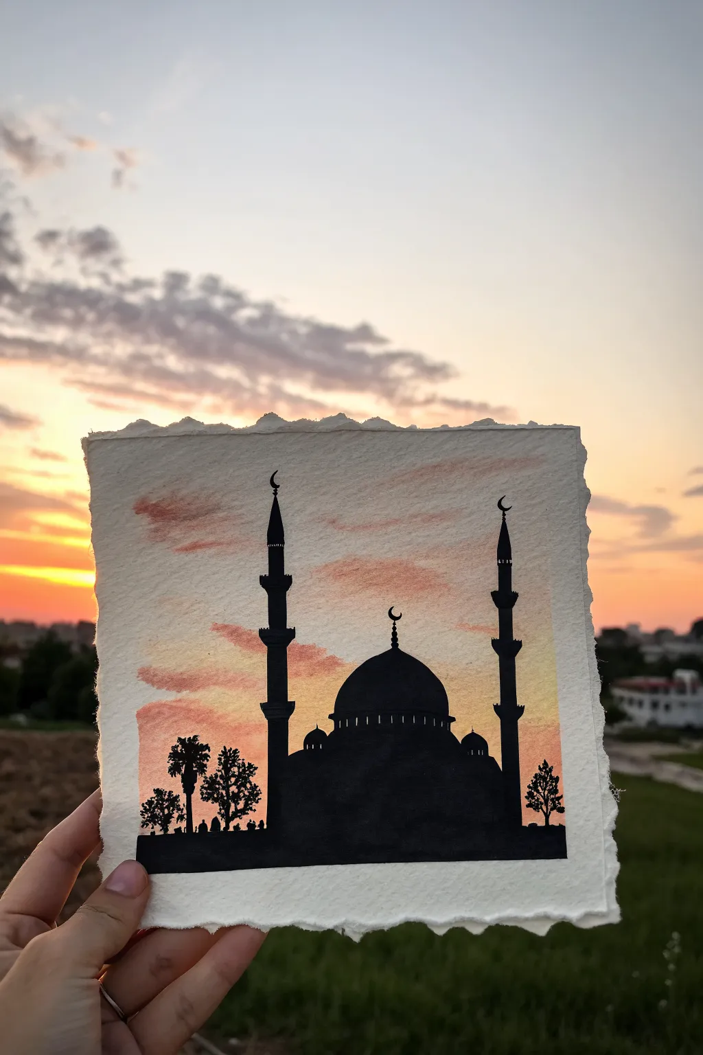 Minimal mosque silhouette against a warm sunset gradient, an easy and calming Islamic painting idea