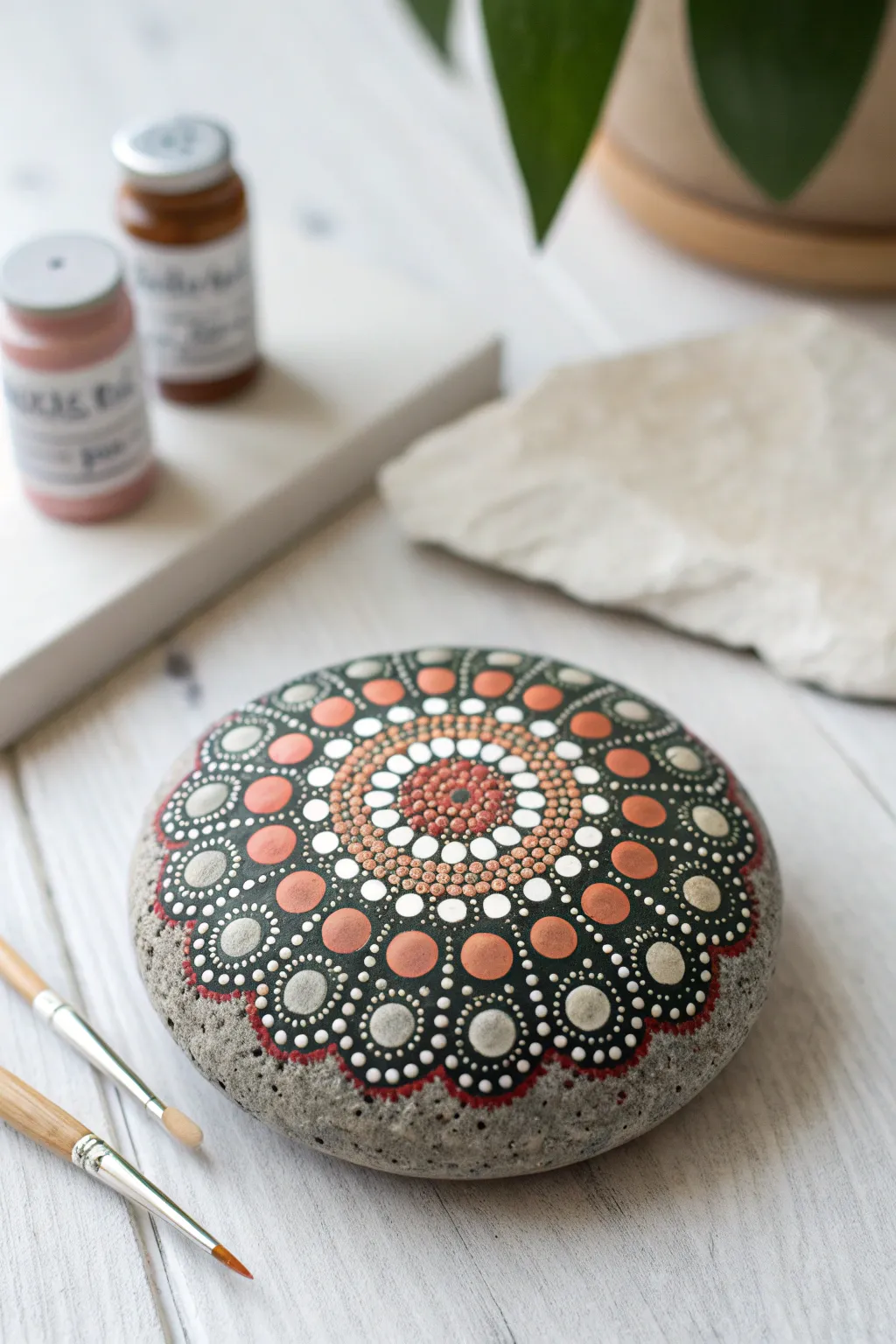 Classic dot mandala on a smooth river rock, simple colors and calming minimalist styling