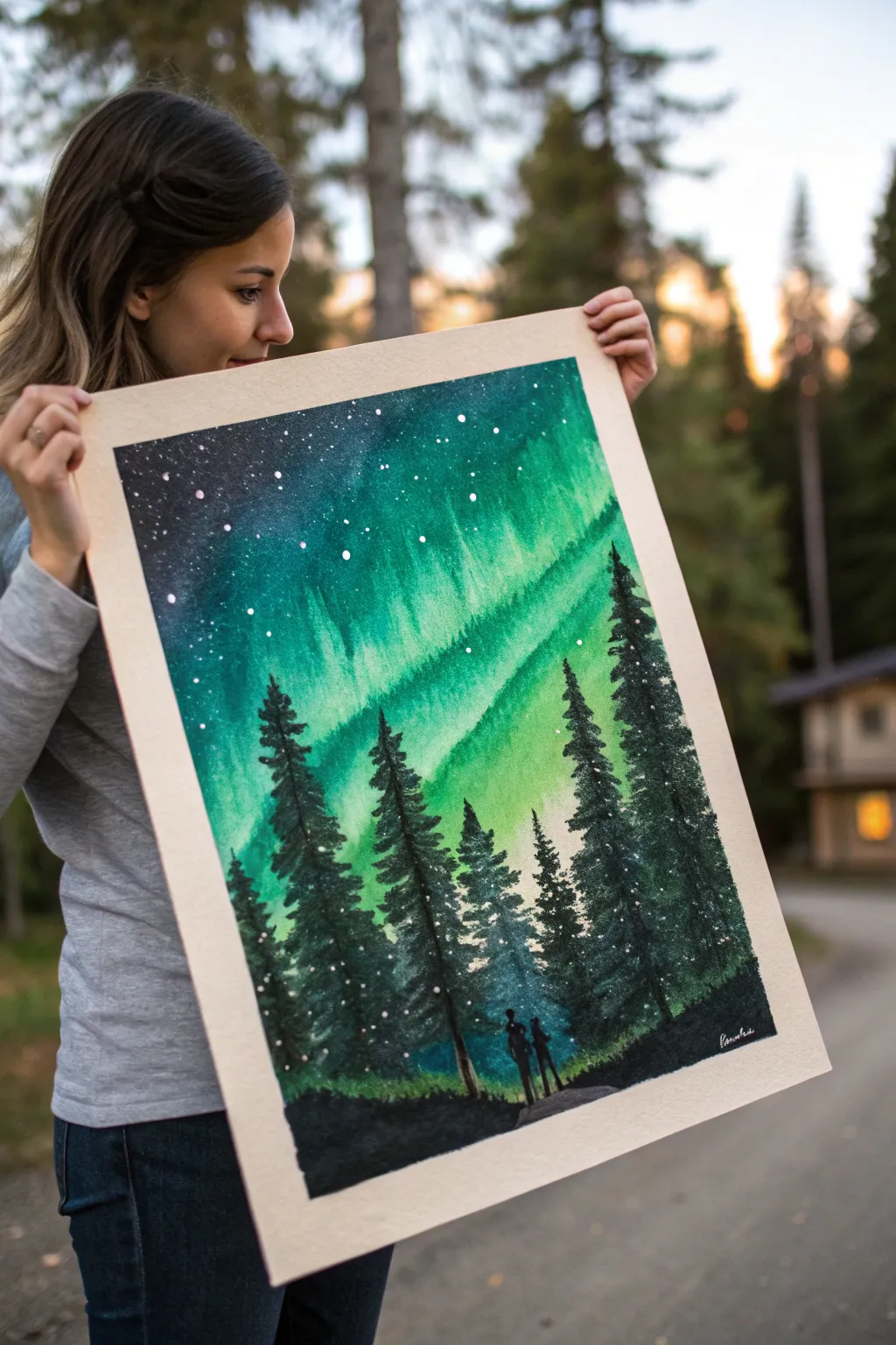 Classic northern lights glow above pine silhouettes, with simple stars for an easy night sky.