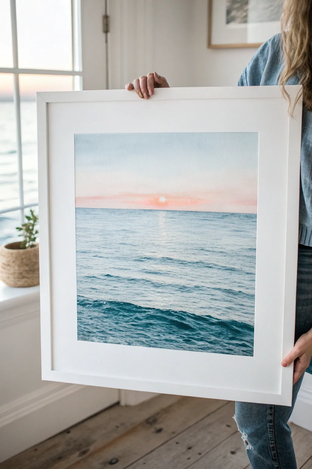 Minimal horizon seascape: two-tone sky and sea with a crisp line and tiny sun, easy to paint.