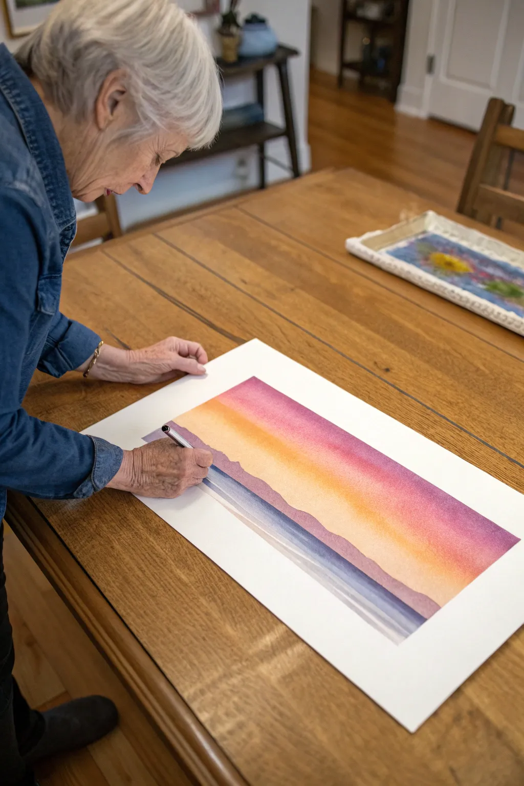 Gentle watercolor wash sunset with a simple horizon line, perfect for calming beginner sessions.