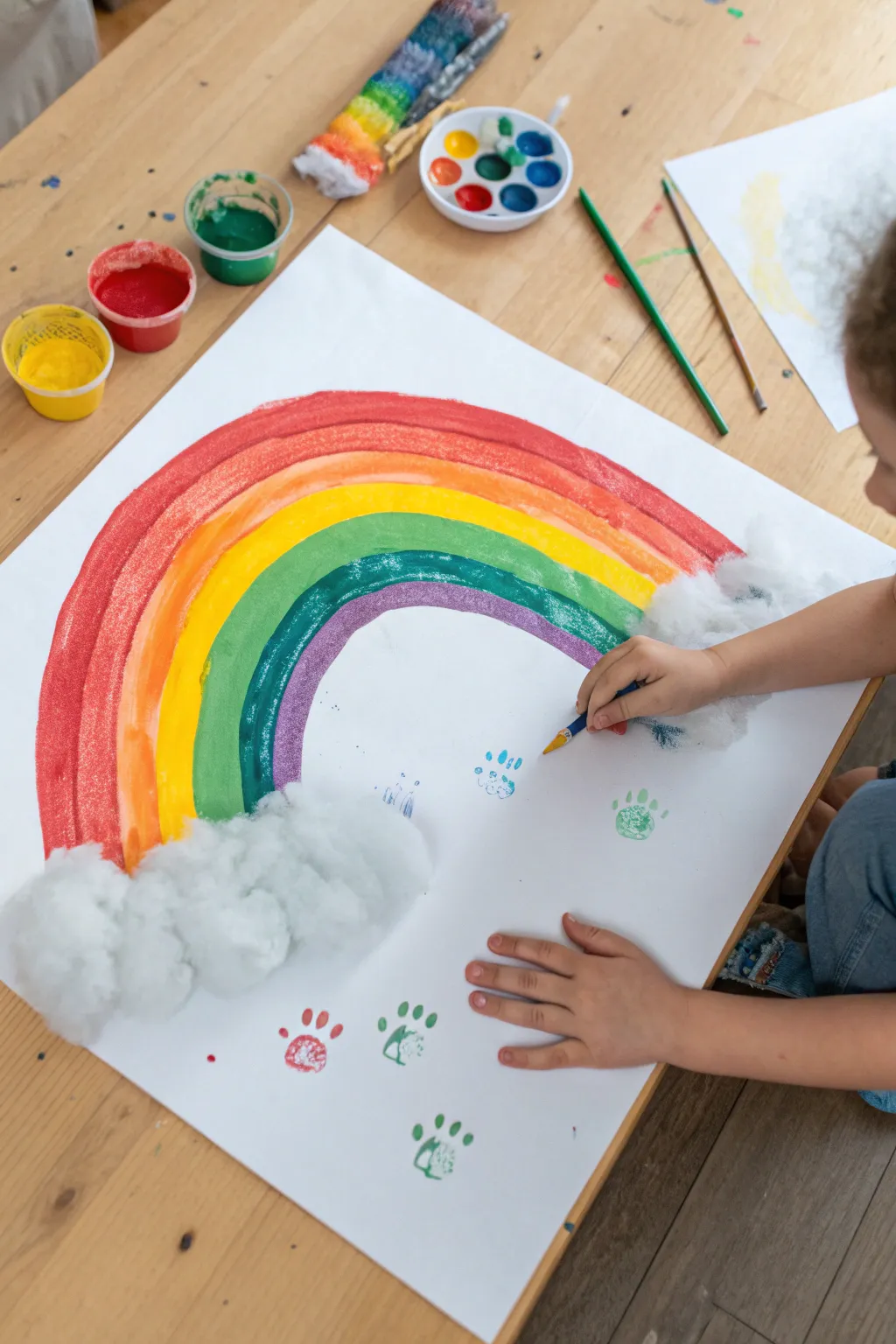 Handprint rainbow arc on crisp white paper with fluffy clouds and paint-smudged fingertips