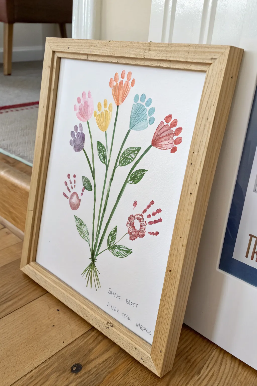 Sweet handprint flower bouquet painting in a frame, simple Scandinavian boho gift for grandma