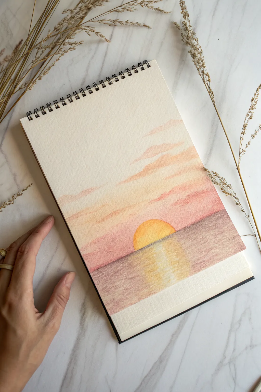 Soft pastel sunset gradient with a crisp horizon line, a tiny half-set sun, and calm minimalist vibes.