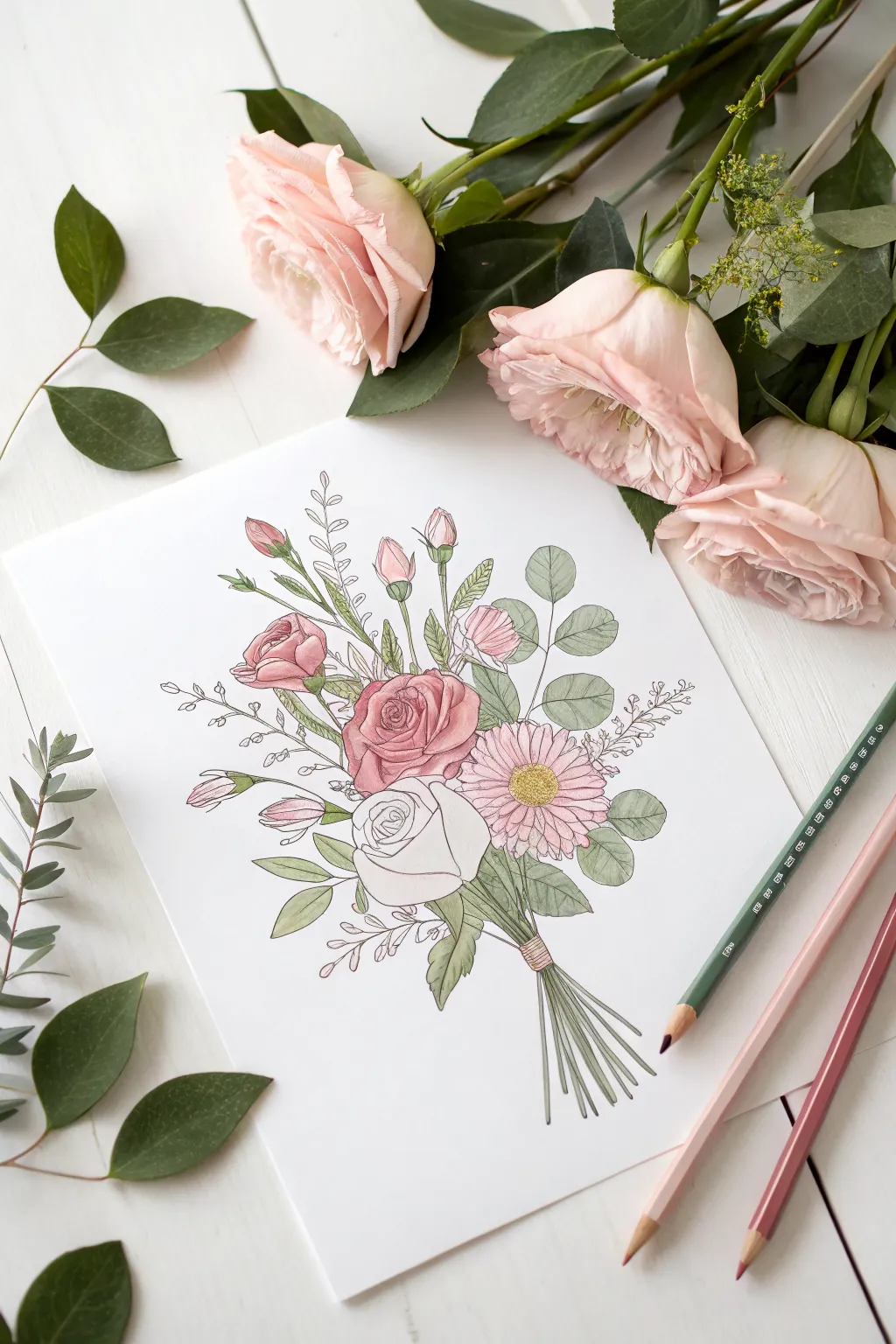 Simple pencil-color bouquet: soft pink layers, sage leaves, and plenty of clean white space.