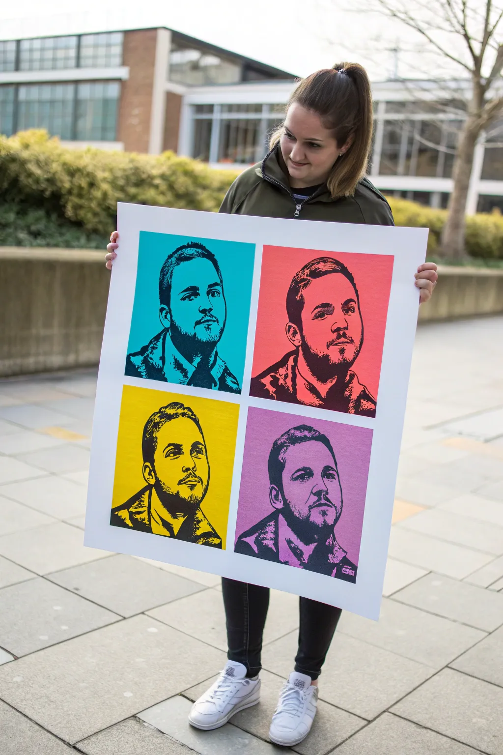 Classic 2x2 pop art portrait grid with bold contrasting colors and thick black outlines