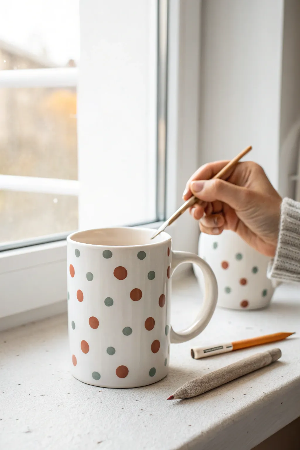 Minimalist polka dot confetti mug with two-tone dots, crisp white ceramic, in-progress hand