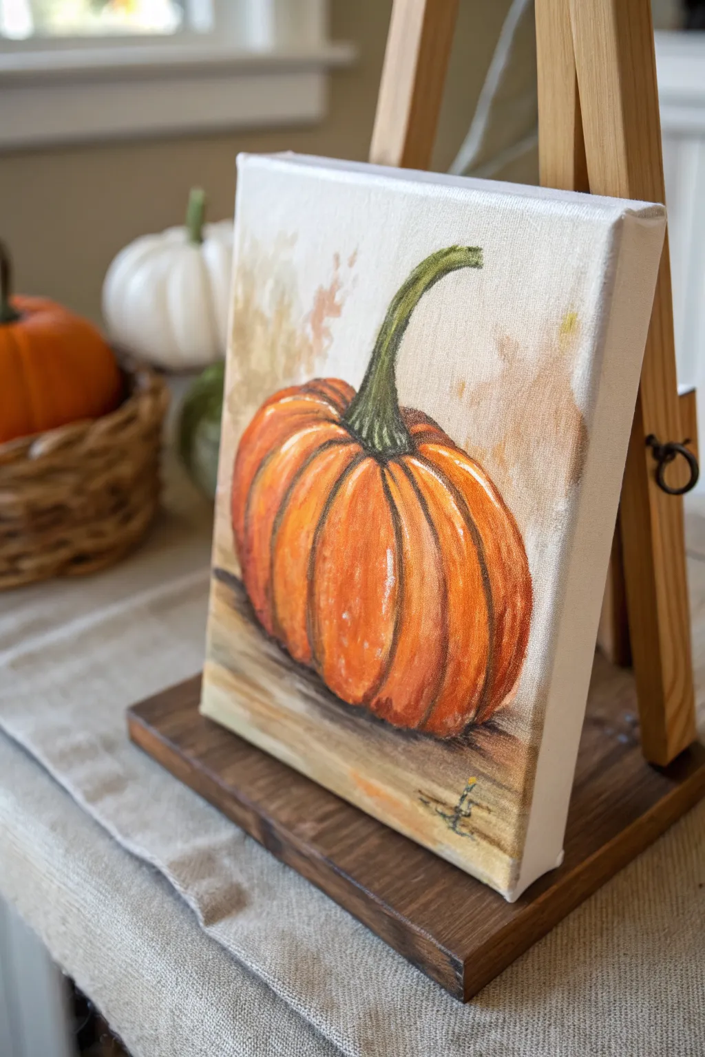 Classic orange pumpkin on canvas with simple C-curve ridges and a chunky stem, clean and cozy