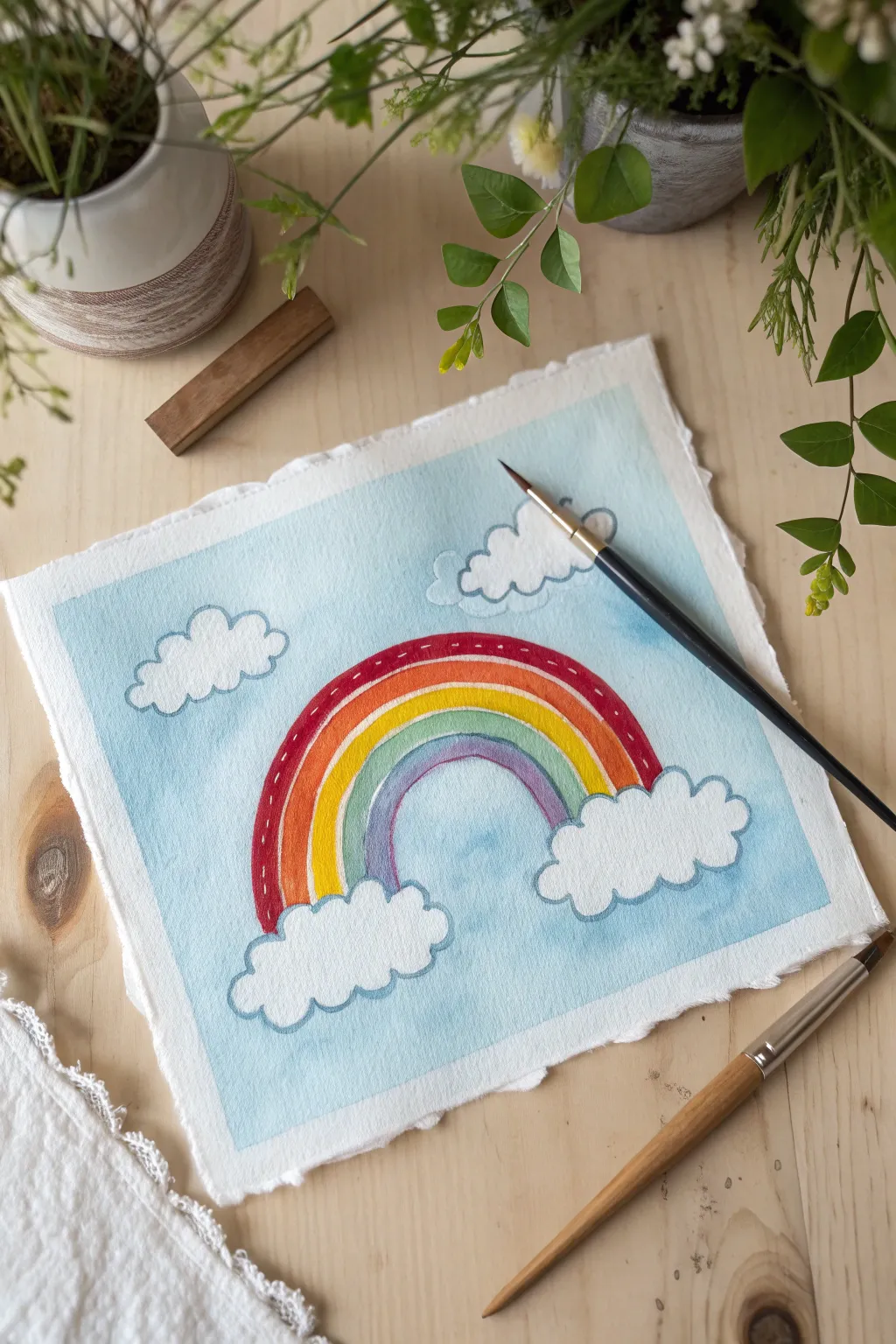Classic rainbow with fluffy clouds on a soft blue wash, minimalist and easy to recreate.