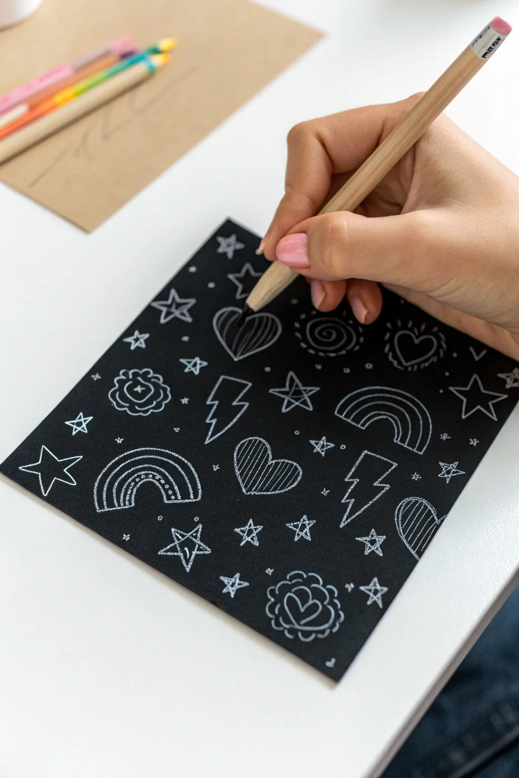 Easy scratch art doodles: hearts, stars, and playful lines with a rainbow reveal