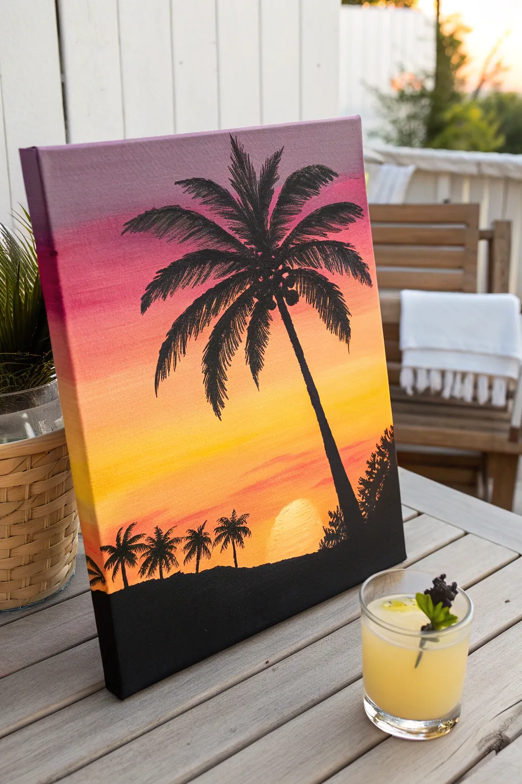 Easy sip and paint: sunset gradient with palm silhouette, high-contrast minimalist boho mood
