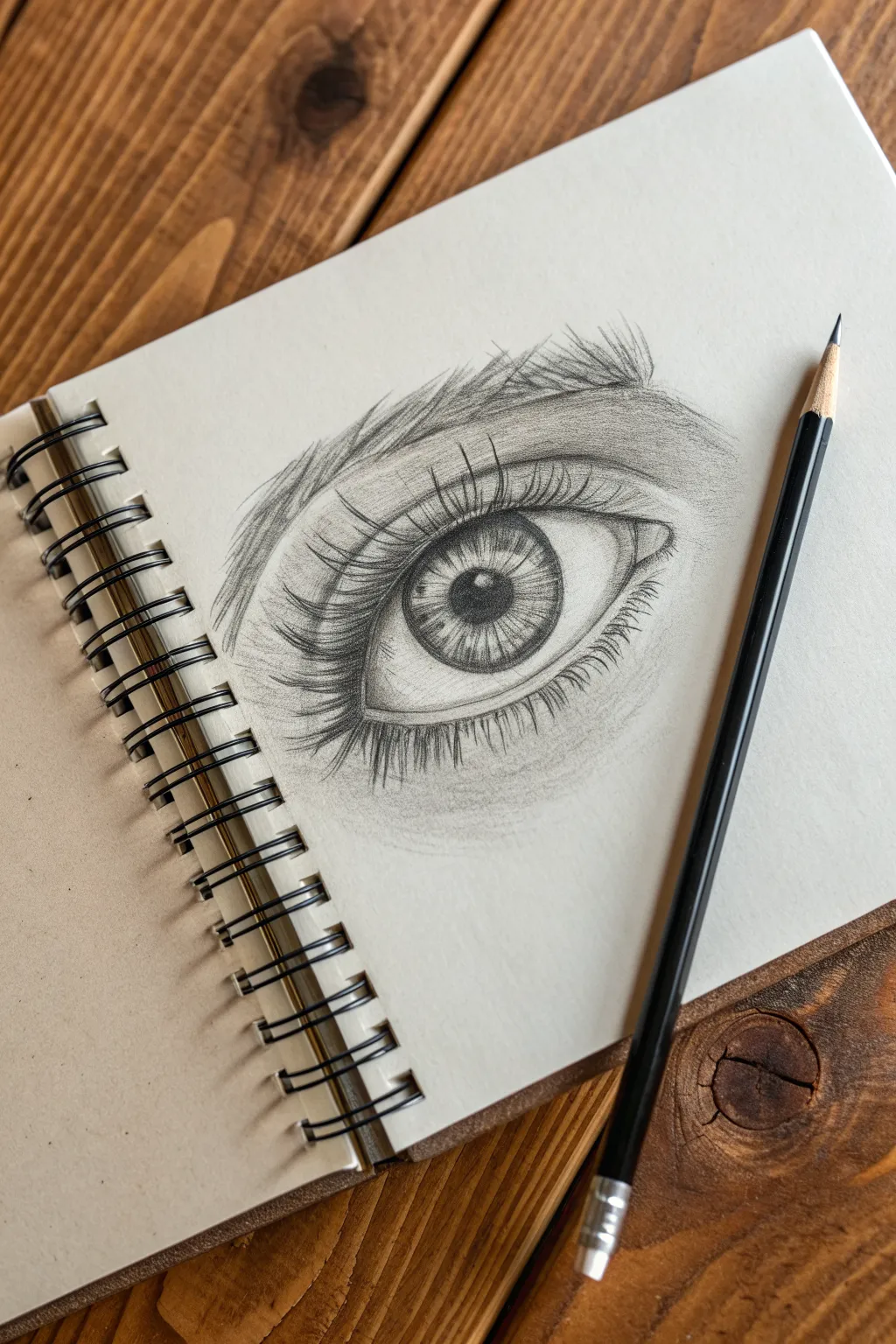 Draw a realistic eye step by step in 6 stages, from almond outline to soft shading and lashes.