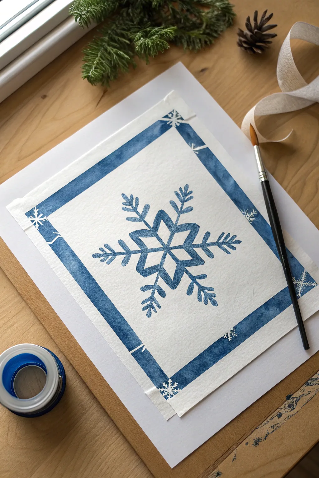 Classic tape-resist snowflake: crisp white lines revealed against a deep winter-blue wash.