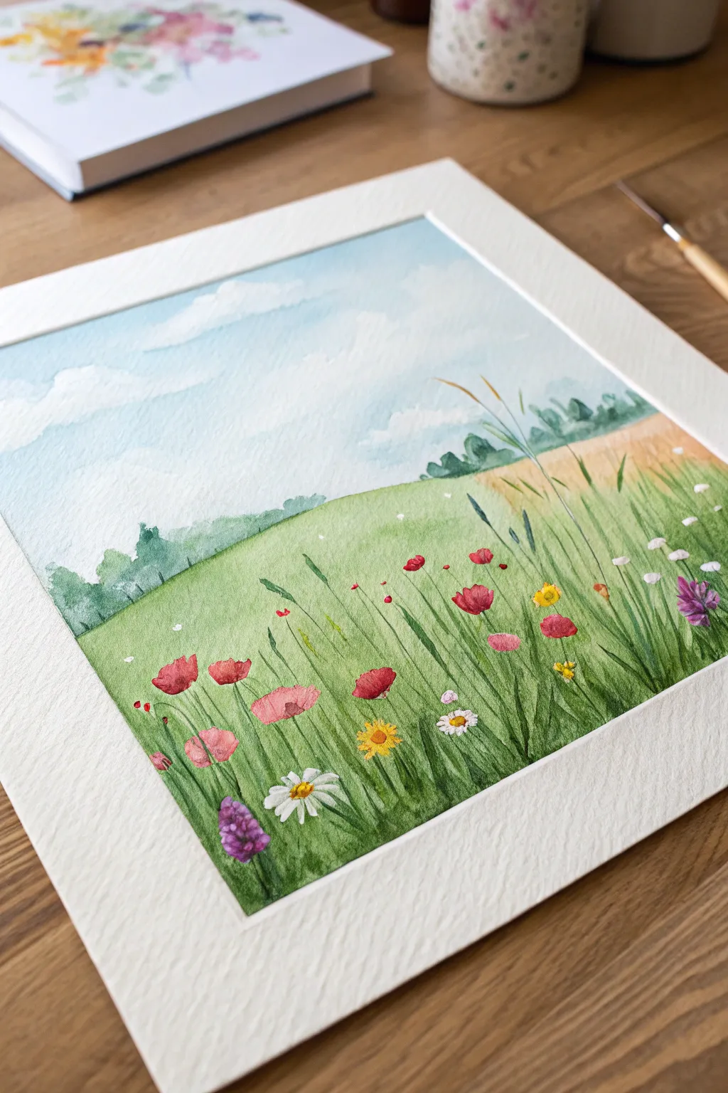 Easy spring meadow painting with dot-and-dash wildflowers on a bright field under a pale blue sky