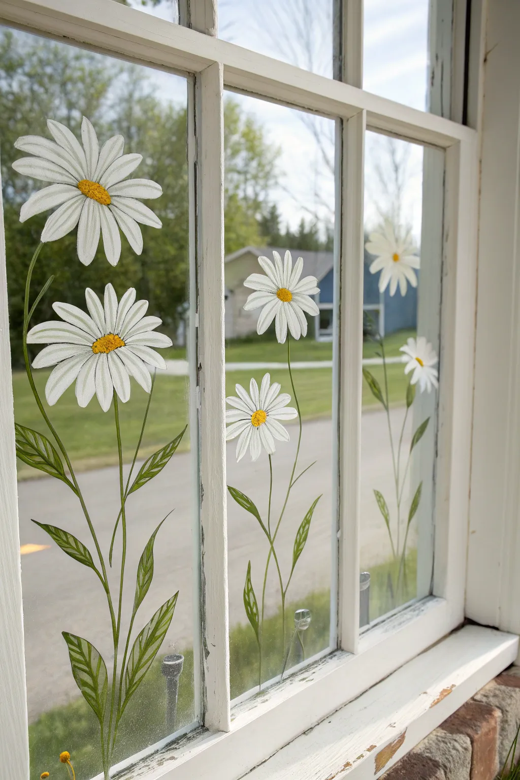 Oversized corner daisies with sunny centers for an airy spring window, clean, bright, and simple.