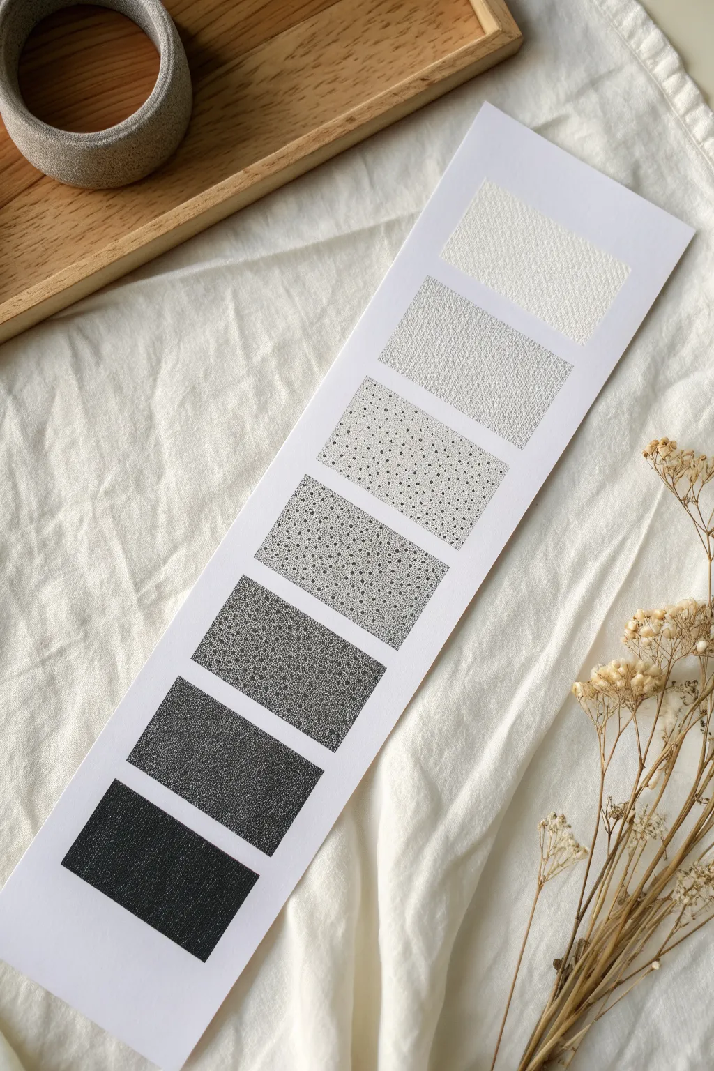 Dot gradient swatch strip: 6 blocks from airy stippling to dense shade for quick practice