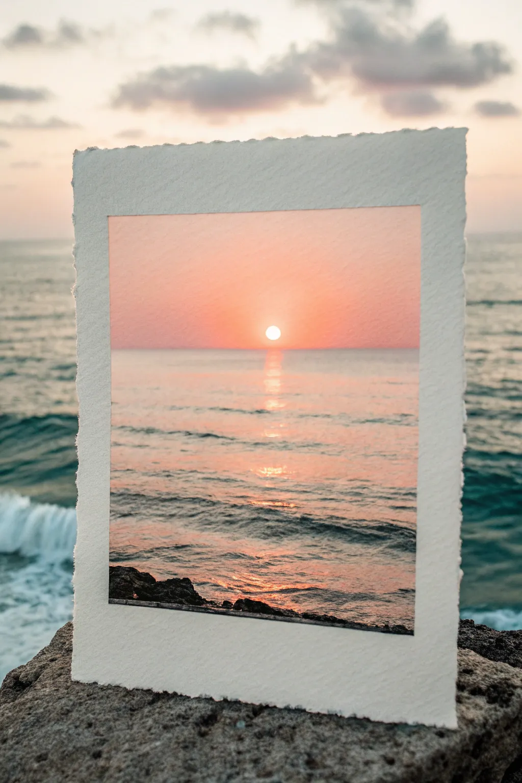 Minimal ocean sunset with a half-dipped sun and broken-stroke reflection, calm and beginner-friendly