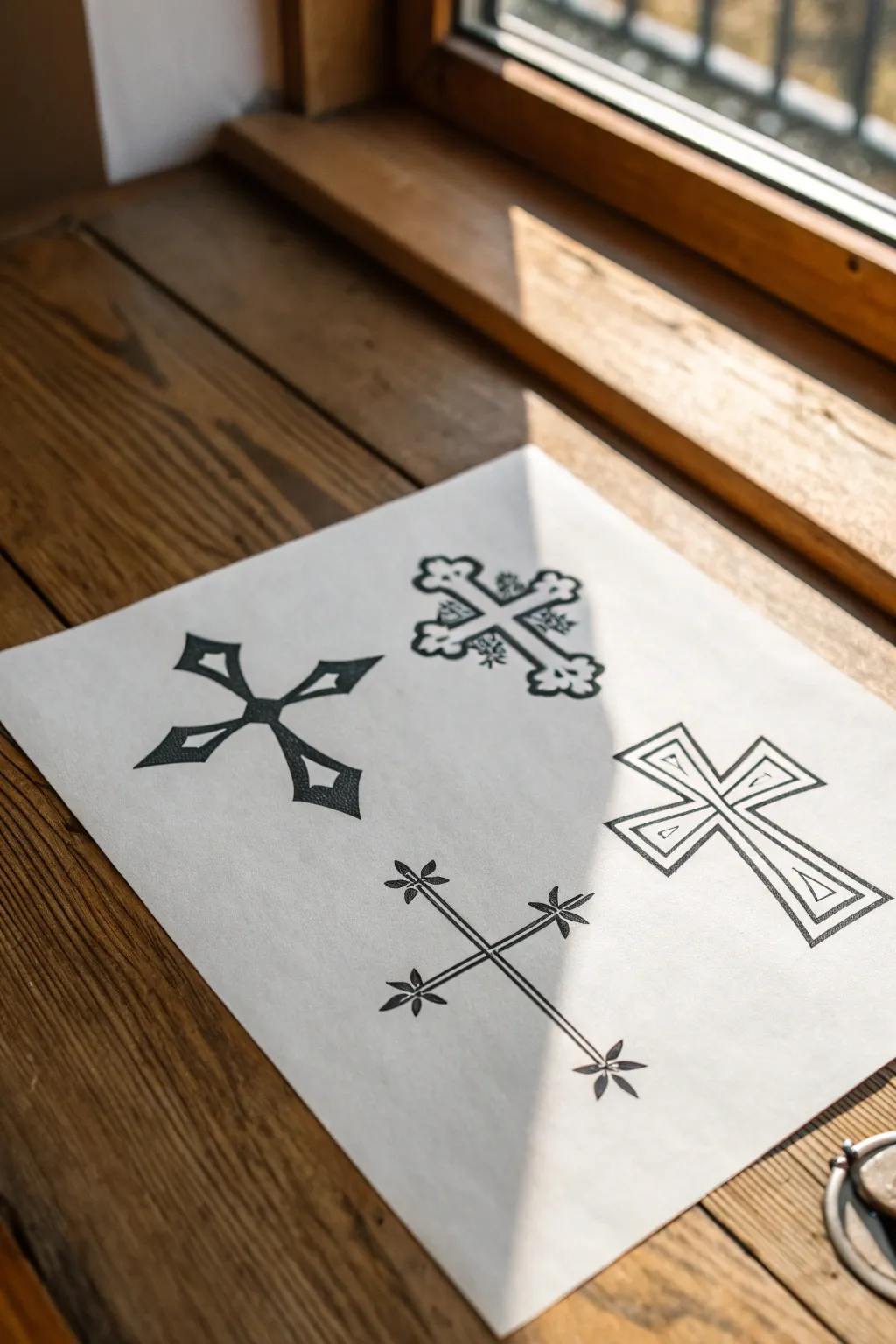 Clean linework cross flash sheet in crisp black ink, minimal tattoo drawing inspiration