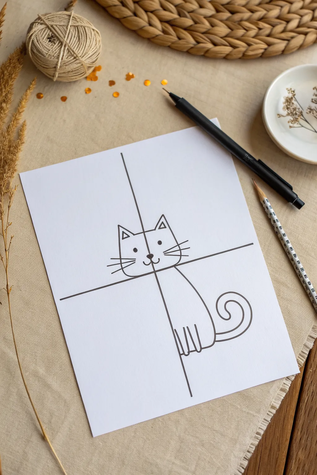 Cute cat drawing in 4 simple steps using circles and triangles, perfect for kids to copy