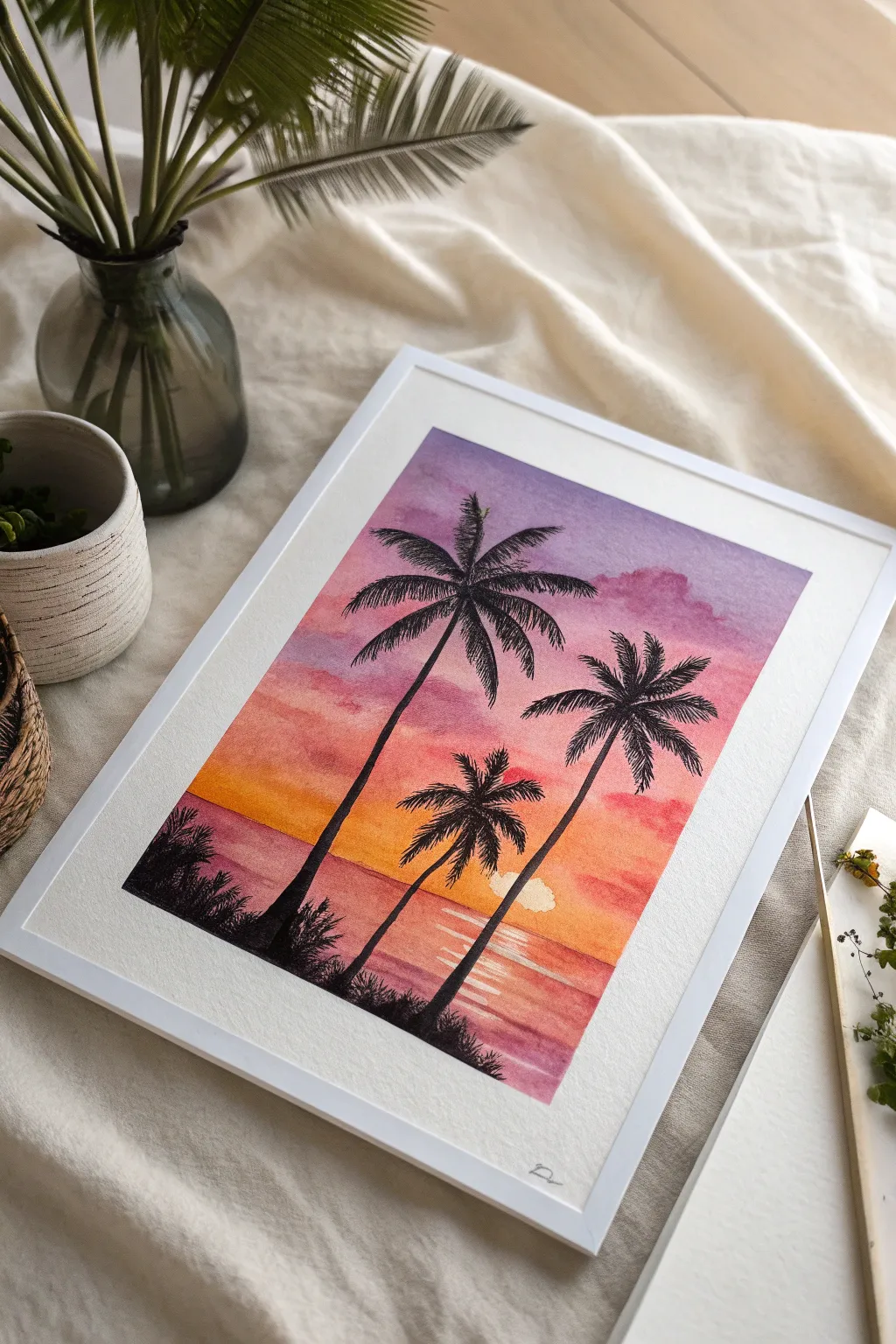 Paint a dreamy palm silhouette sunset with a clean horizon and bold contrast on paper