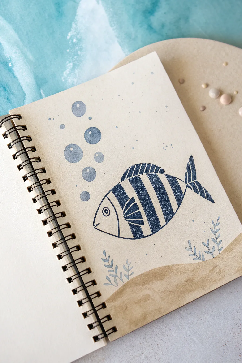 Draw a simple oval-and-triangle fish with bold stripes and bubbles on a soft blue seabed.