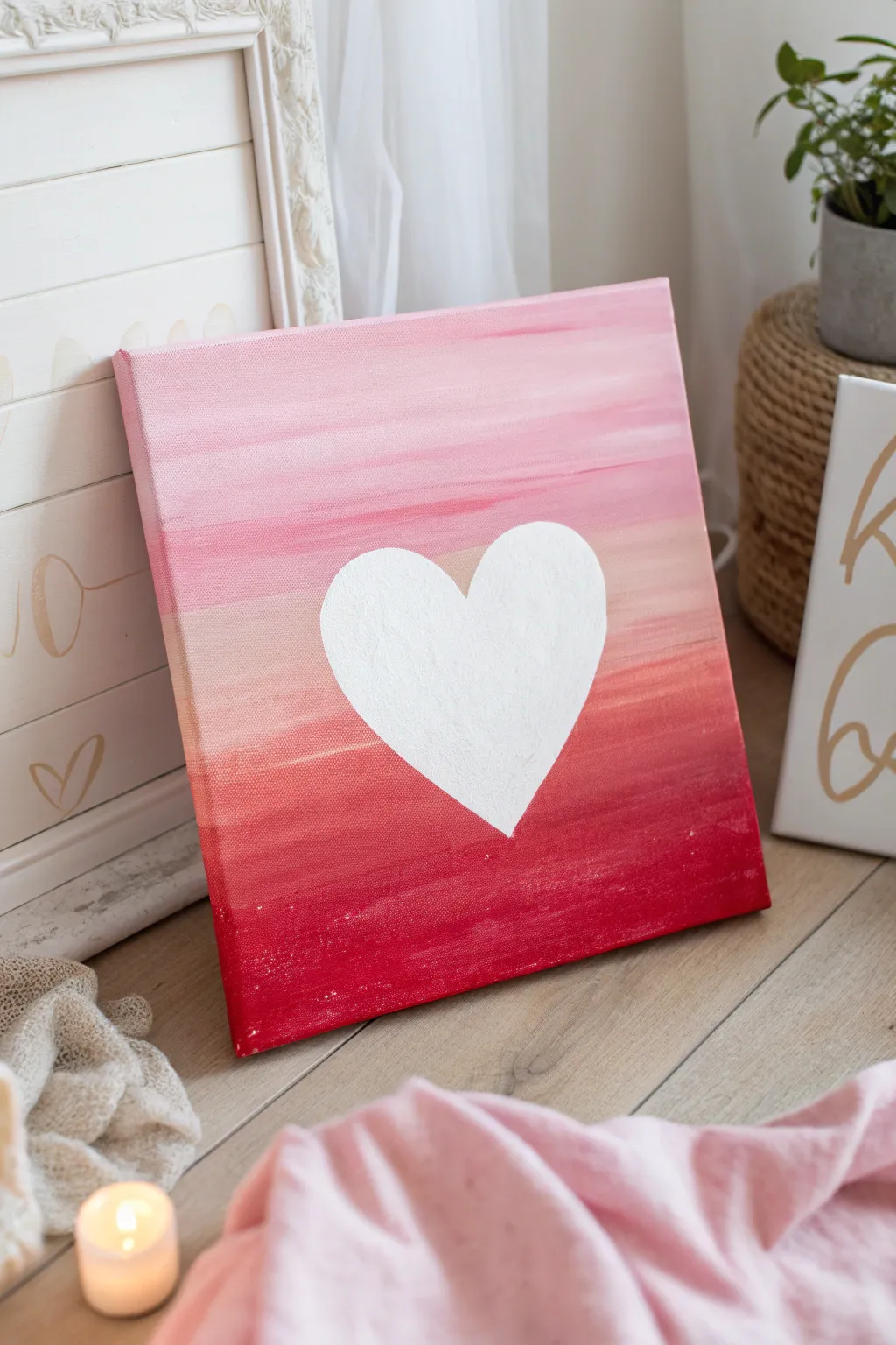 Classic ombre Valentine canvas with a bold white heart, minimal lines and soft romance