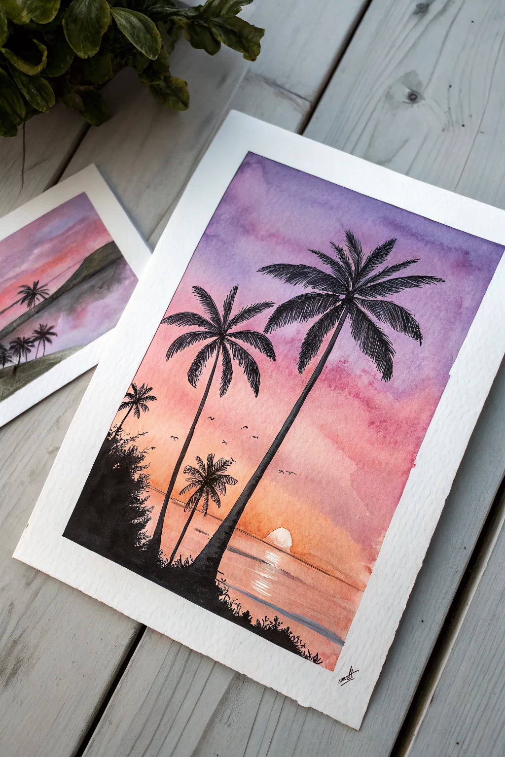 Copy this calm sunset gradient with palm silhouettes, an easy watercolor idea for beginners