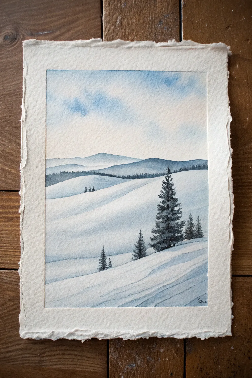 Minimalist low-horizon snowscape: pale sky, soft snowy hills, and tiny distant trees.