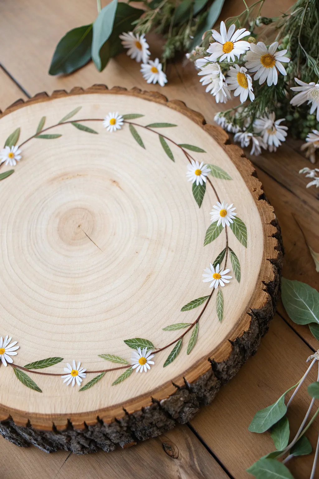 Simple daisy wildflower wreath on a wood round, minimal and feminine with natural grain detail