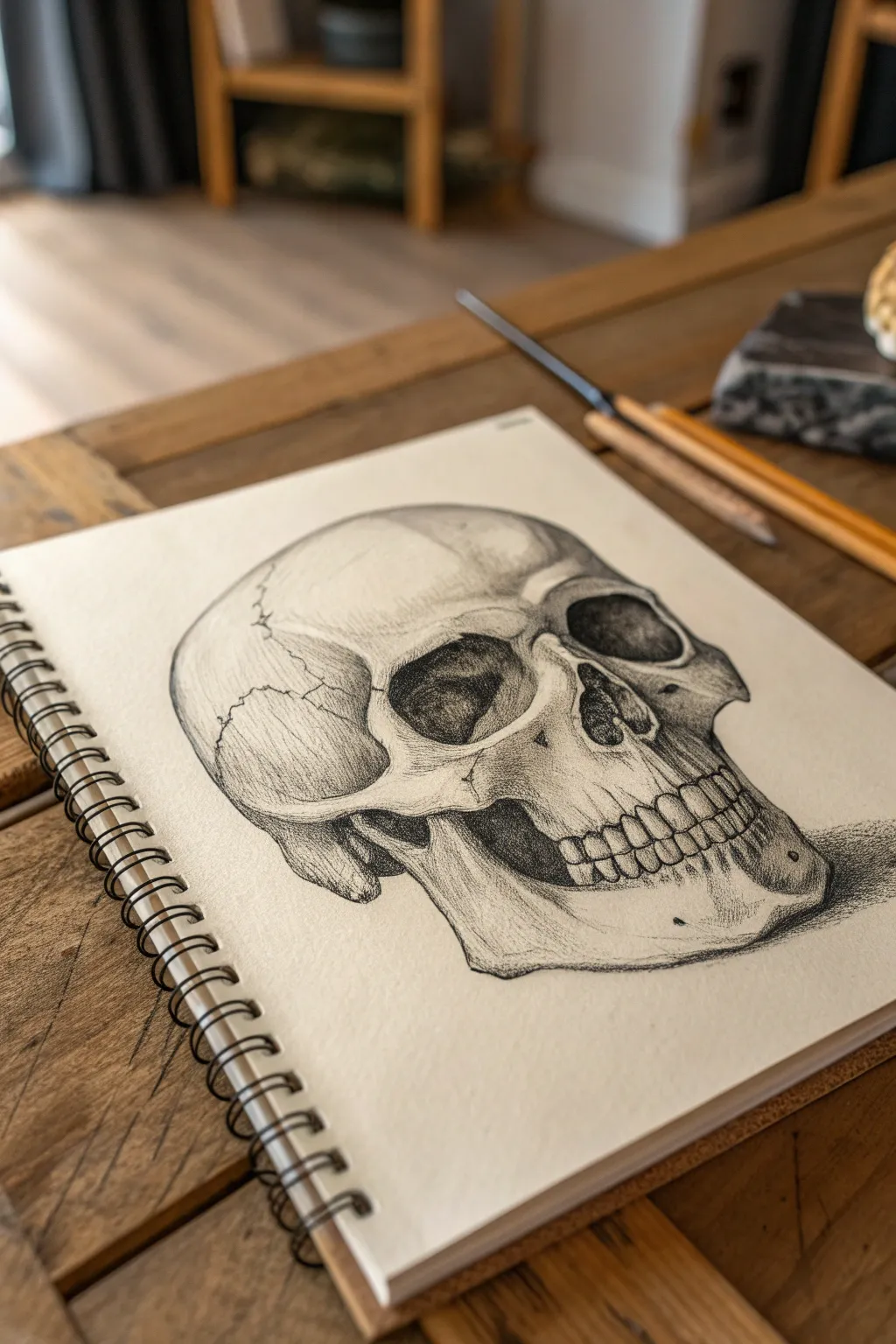 Classic skull pencil study with bold crosshatching and deep shadows on clean, minimal paper.