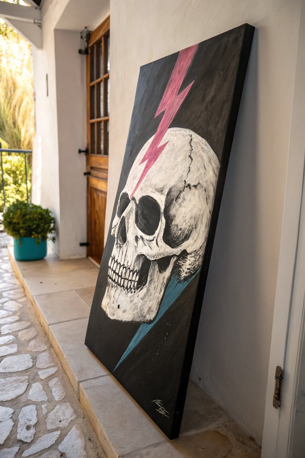 High-contrast skull study with one electric color pop for a bold minimalist edgy painting idea