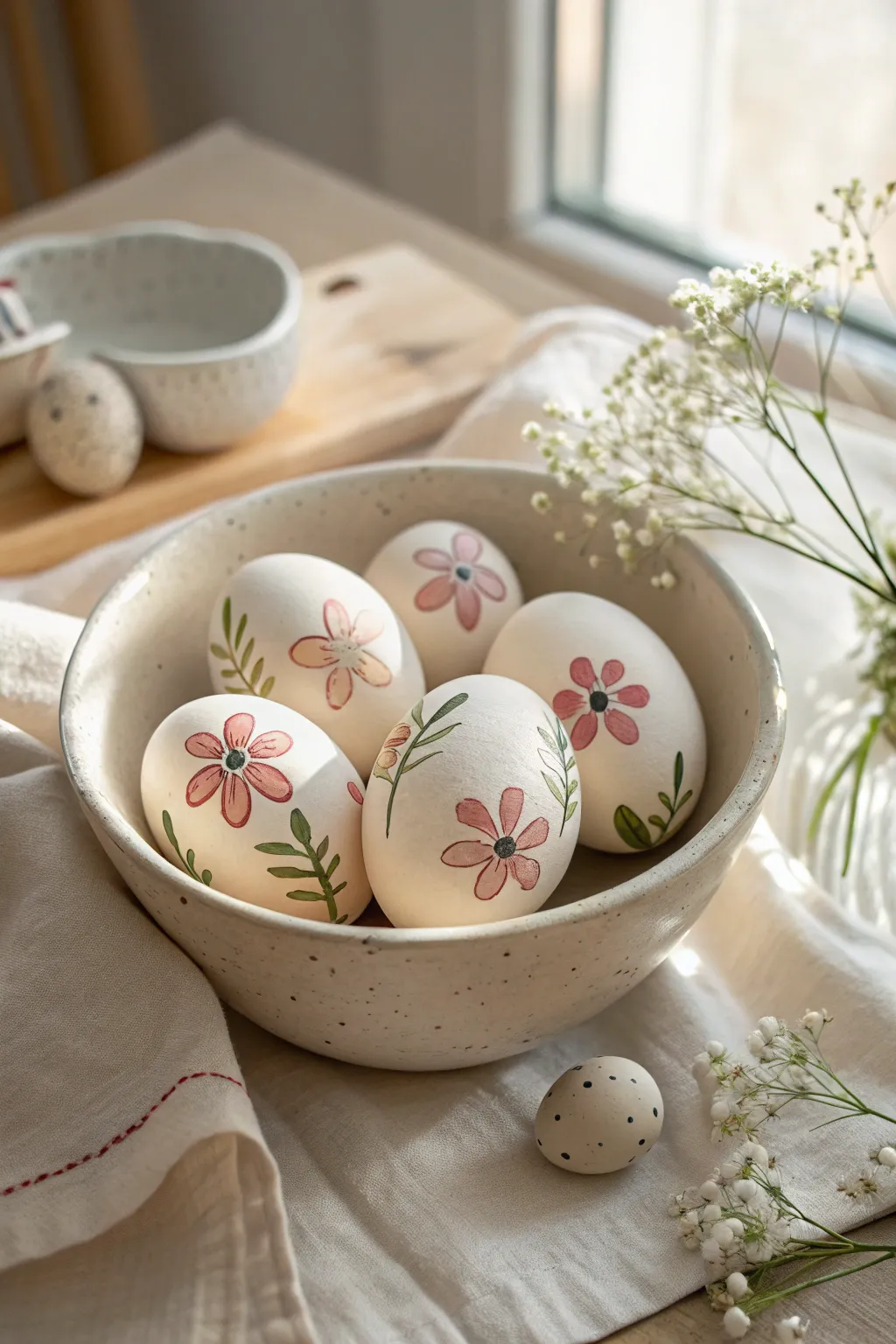 Classic pastel florals on painted eggshells, styled in a simple nest bowl for spring calm.