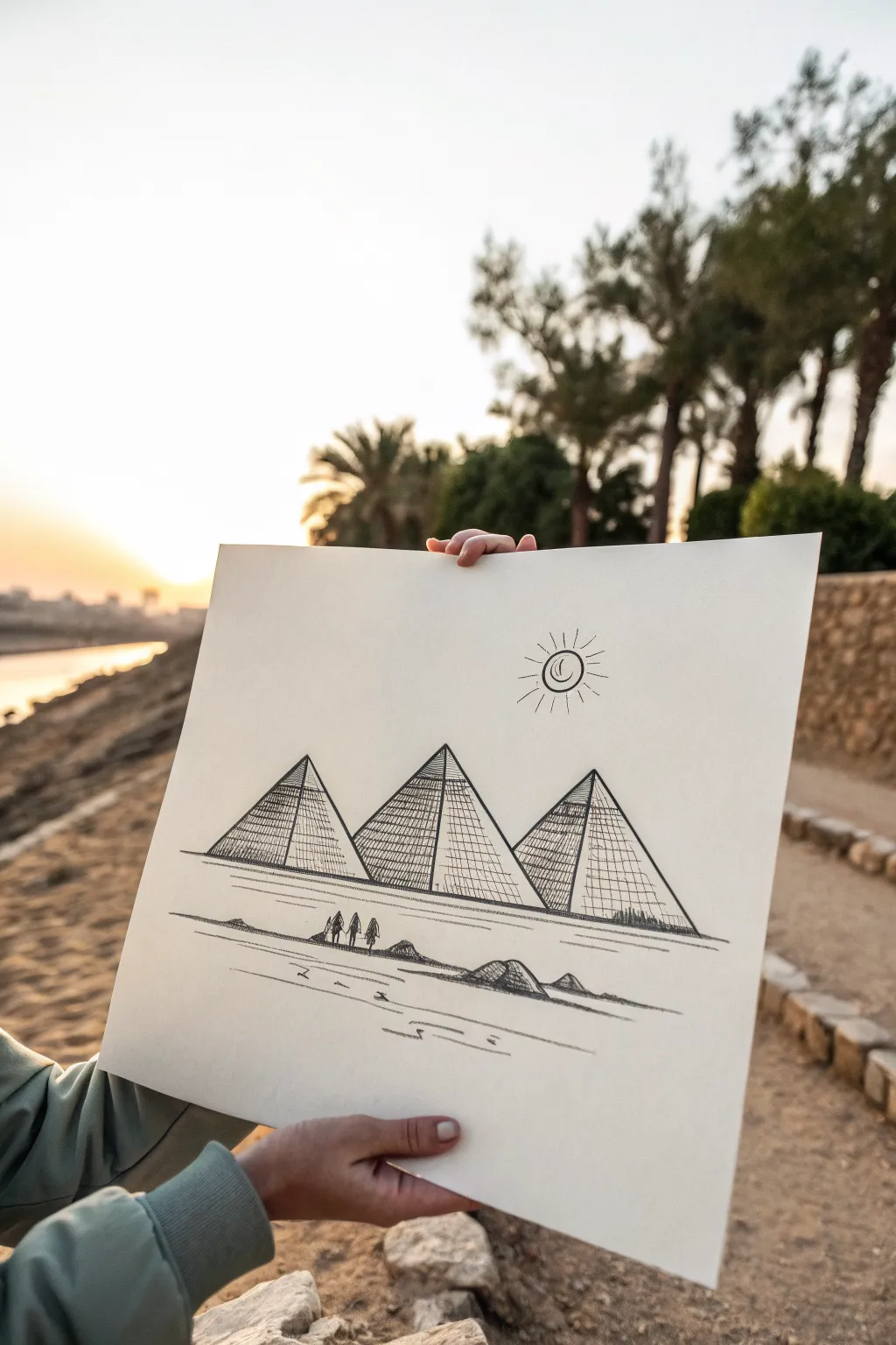 Easy Egyptian pyramid trio: clean triangles, minimal shading, tiny sun on a calm horizon.