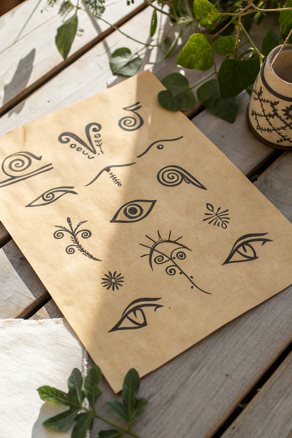Eye of Horus mini studies on papyrus toned paper, crisp ink curves and simple handmade elegance.