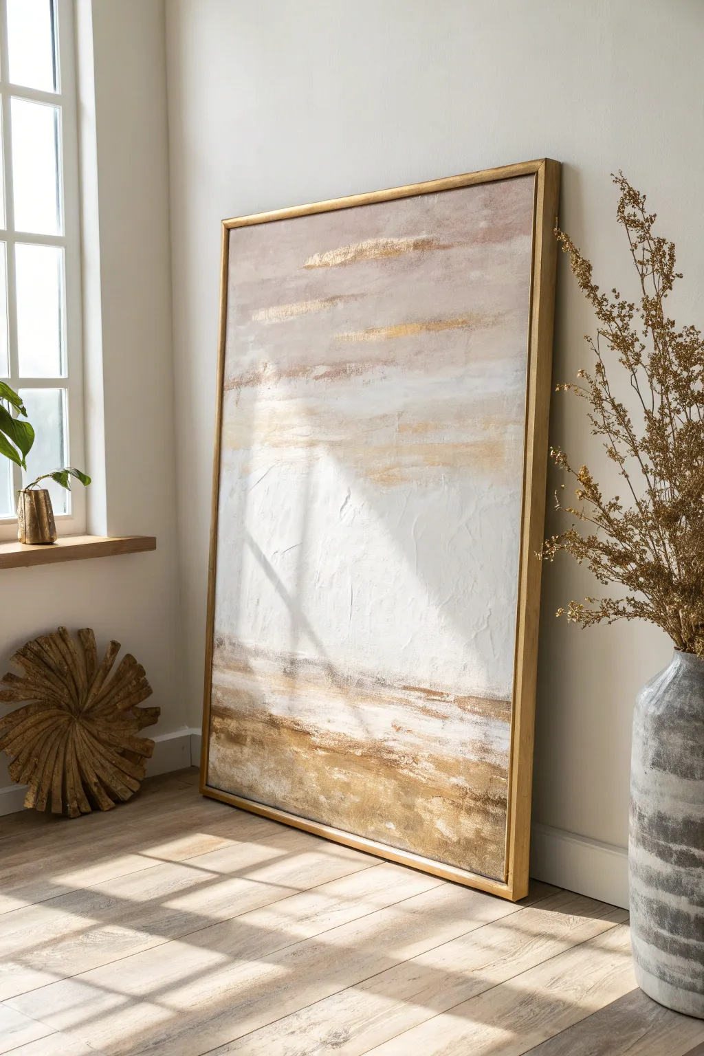 Neutral abstract canvas with soft taupe layers, bold charcoal sweeps, and glowing gold leaf accents.