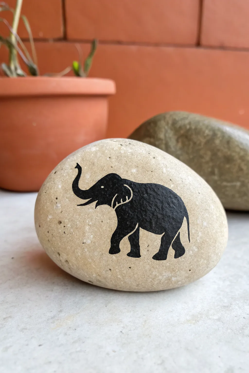 Simple side profile elephant silhouette on an oval rock, minimalist and soothing to paint.