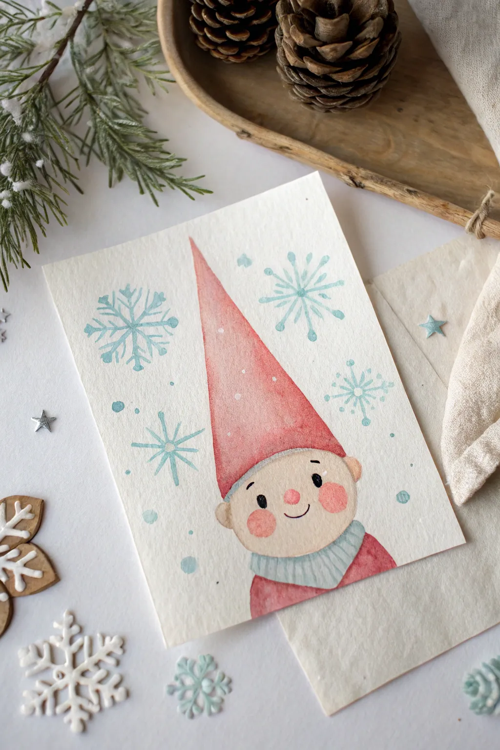Paint a classic cheerful elf portrait with rosy cheeks and cozy postcard winter light