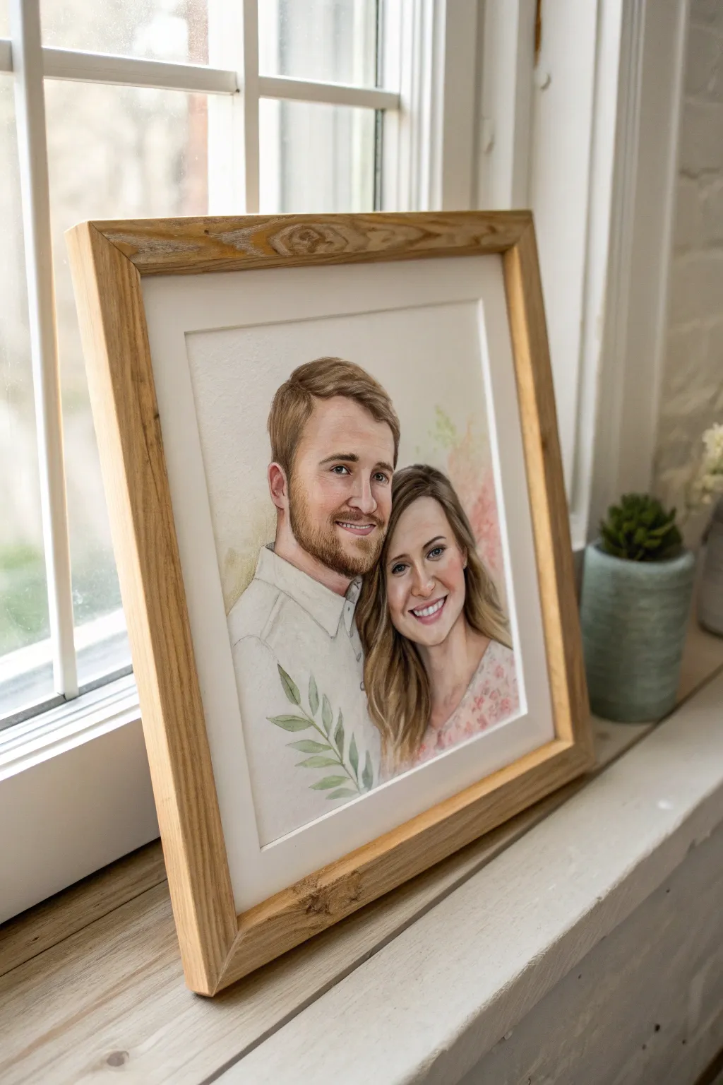 Warm-toned engagement portrait painting in a simple oak frame, minimalist and heartfelt.