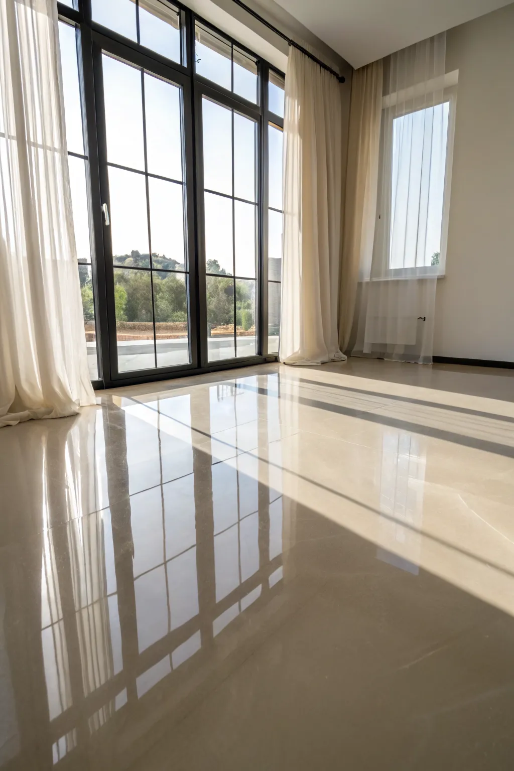 Classic solid-color glossy epoxy floor, sunlit with crisp window reflections and calm minimalist vibes