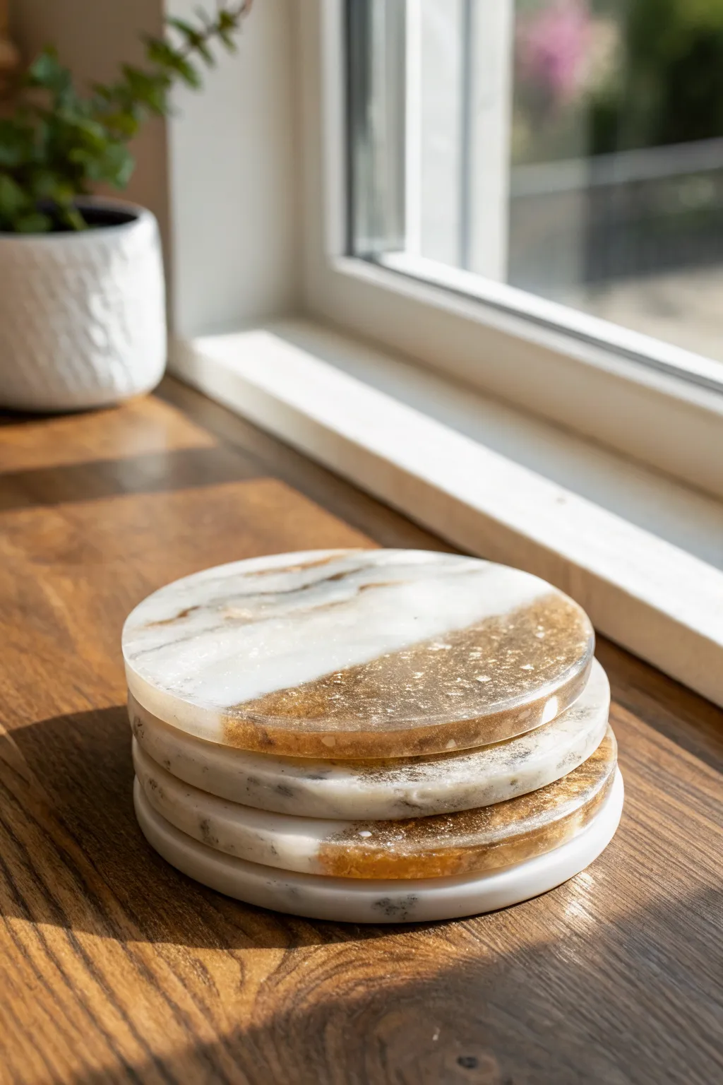 Glossy resin coasters with dreamy color swirls stacked on warm wood in soft window light