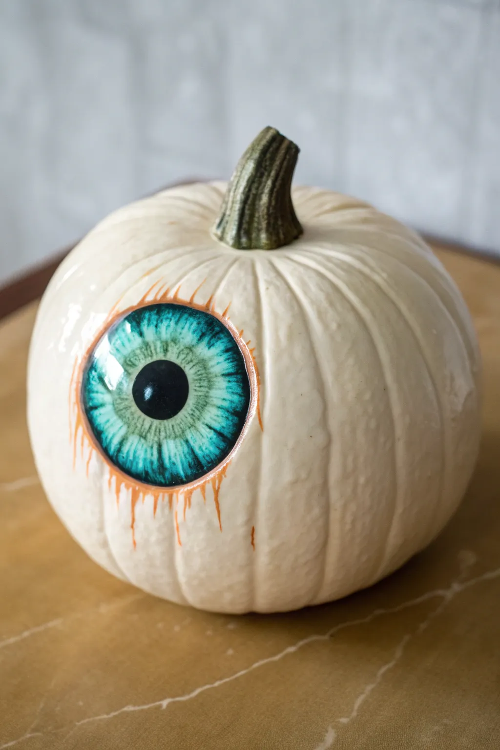 Classic full-sphere eyeball pumpkin with glossy iris highlights, minimalist styling, bold contrast.