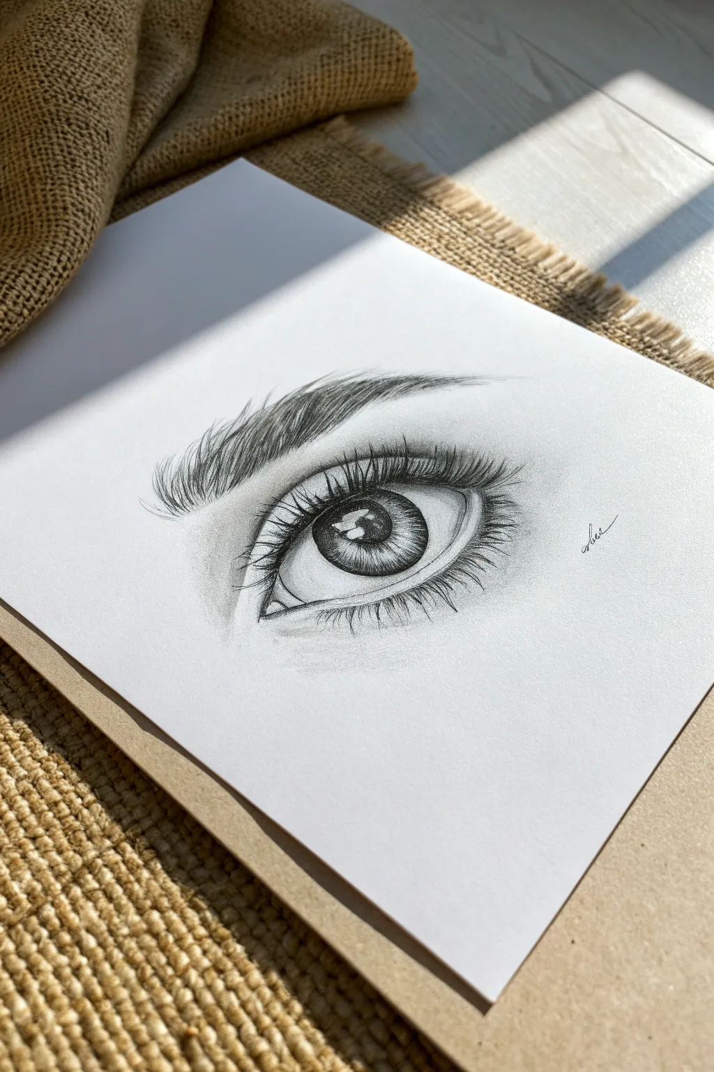 Front-facing realistic eye study with crisp iris detail and soft lid shadows for natural depth