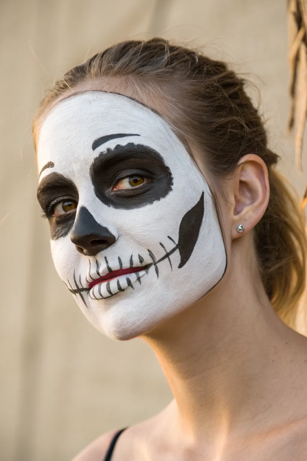 Classic skull face paint headshot, crisp black and white details on a calm neutral background