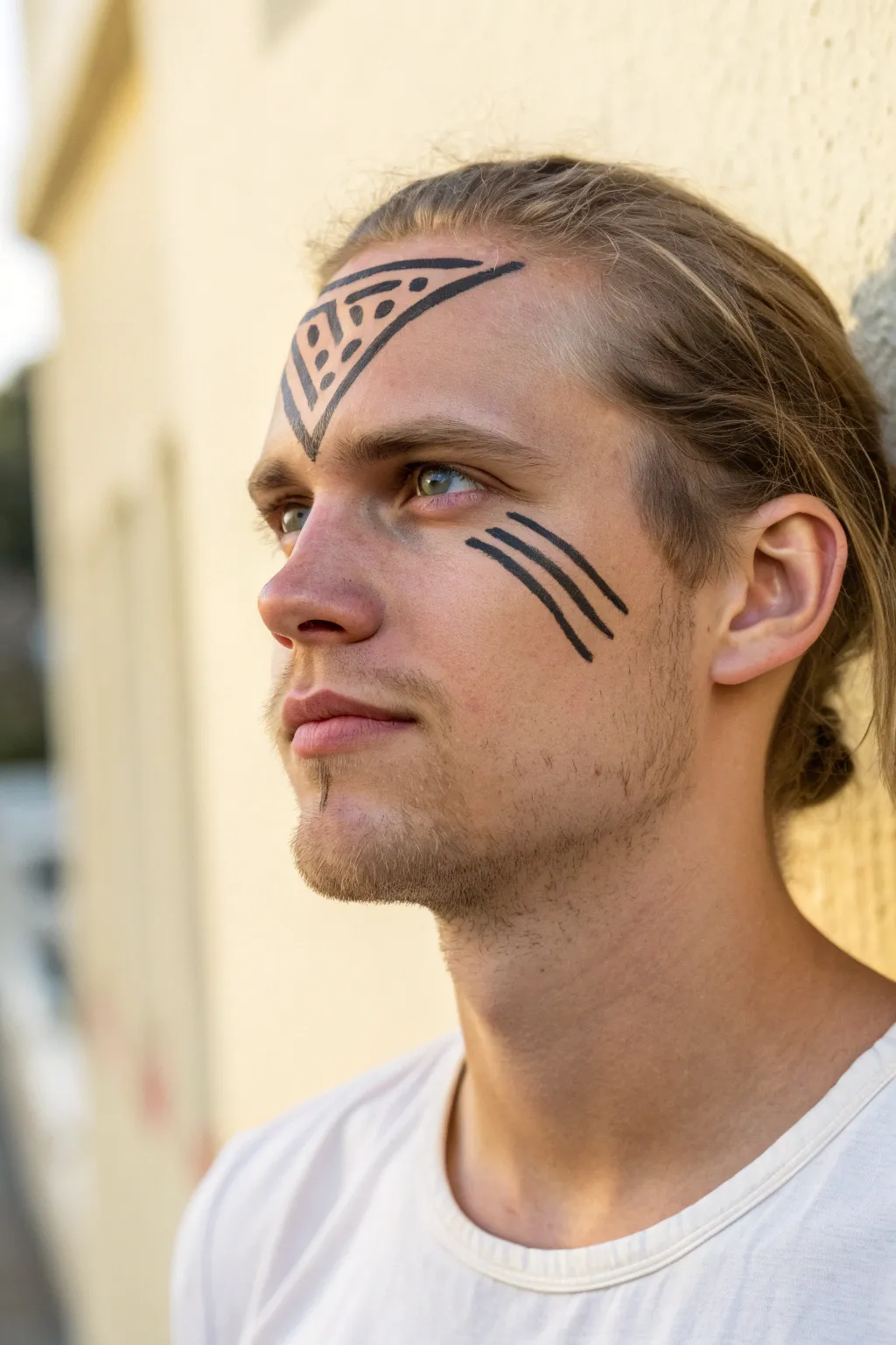Classic tribal side-sweep face paint: crisp black linework framing one eye with bold contrast