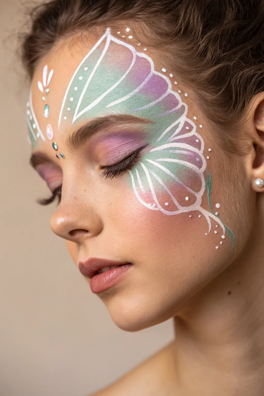 Butterfly eye mask face paint: soft blended wing colors, crisp white highlights, tiny glitter.