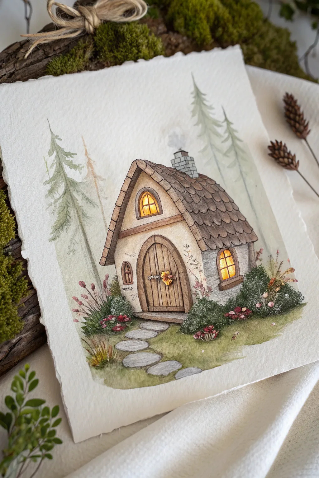 Classic woodland cottage fairy house with warm windows, mossy greens, and tiny blooms