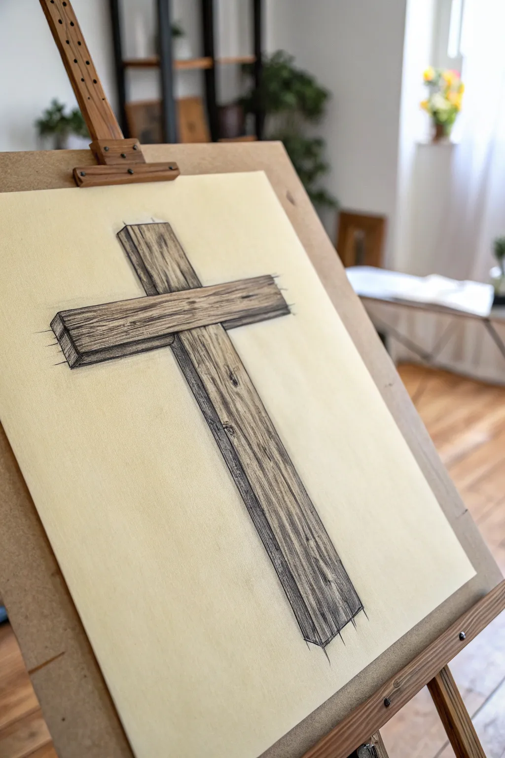 Upright pencil study of a rugged wooden cross, crisp grain texture and soft shading on clean paper.